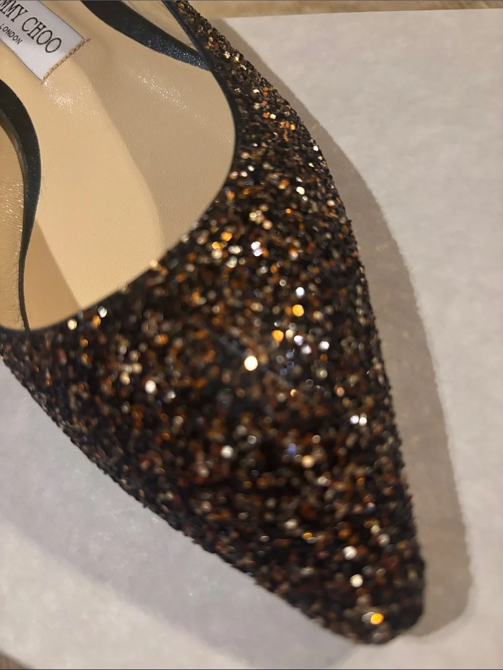 Jimmy Choo Women's Black Glitter Pointed Toe Romy Flats size 39 1/2 NWT’s & box!